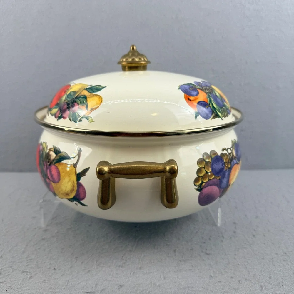 Vtg Enamel Dutch Oven Casserole Orchard Fruit Pattern Brass Handles Pristine 10